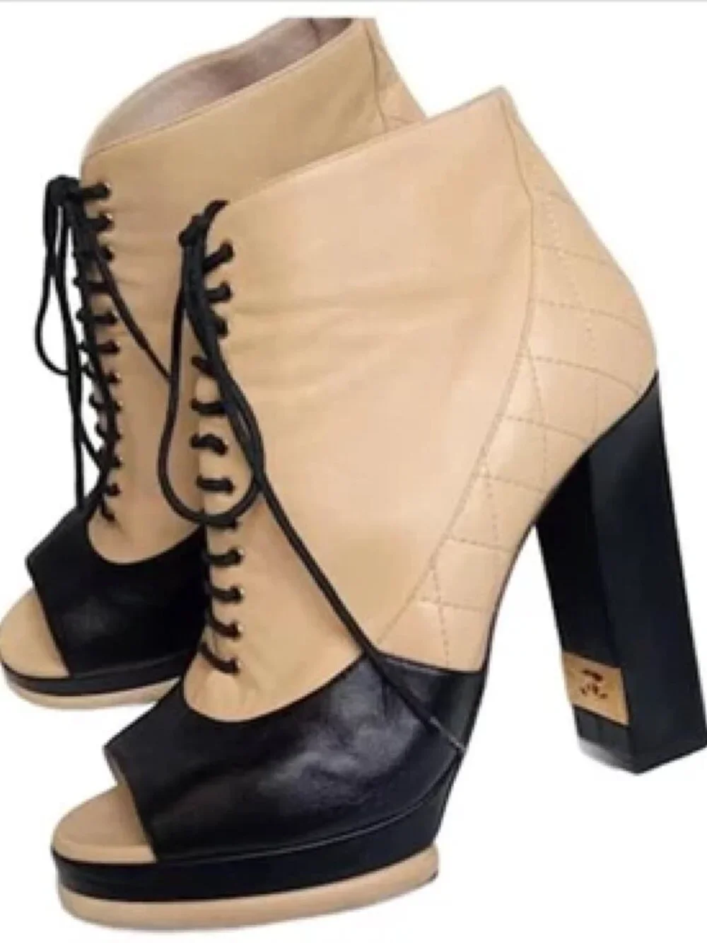 New Chanel Leather Boots Quilted Leather Lace-up Open Boots SZ 36EU
